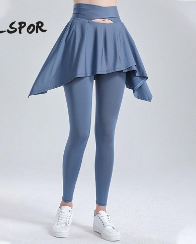 מכנסי ספורט נשים סלספר מזויפים שתי חותלות יוגה מכנסי אימון צמודים מכנסי אימון גבוהים חותלות כושר חותלות חדר כושר חצאית ריצה