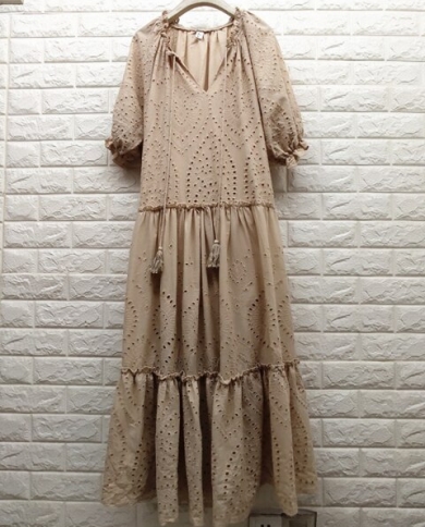 Jastie Dreamy Eyelet Lace Dress Dress Women V Neck Puff Sleeve