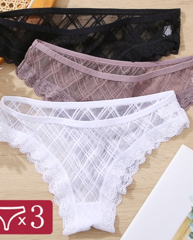 3PCS/Set Women Sexy Lace Panties Heart Hollow Out High Waist Underwear  Ladies Briefs Comfort Transparent Women Lingerie S-XL