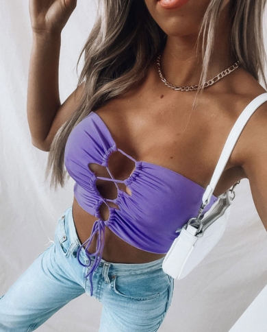 Women Summer Tube Tops Solid Color Front Tie Up Strapless Cropped Tops Slim Fit Backless Camis Tops Blackwhitegreenpu