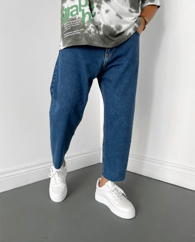 2023 New Trendy Blue Denim Jeans For Men Solid Color Casual Small