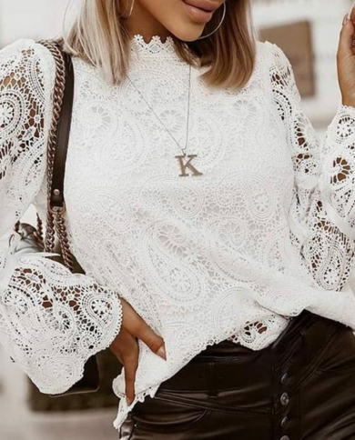 Lace Hollow Shirt Blouse Woman Spring Autumn Fashion Long Sleeve O