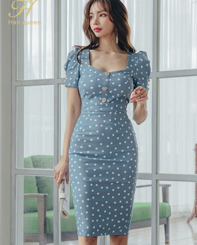H Han Queen Hot Sale Elegant Dots Office Dress Women Slim Knee