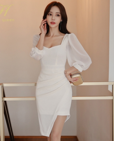 H Han Queen Spring Women Elegant White Irregular Pencil Dress