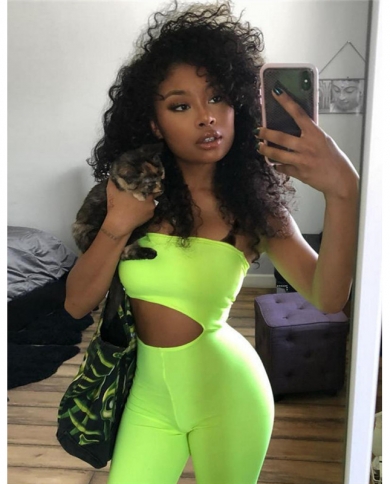 Boofeenaa Cutout Tube Romper Neon Green Hollow Out Strapless Bodycon  Jumpsuit Streetwear Bandage Playsuit Costume Clubw size XL Color Pink