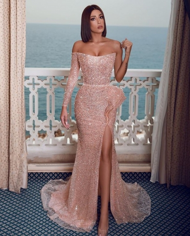 Sequined Prom Dresses Red One Shoulder Ruffles Side Split Evening