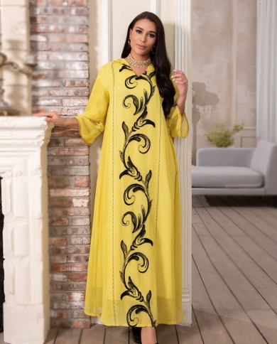 קפטן מוסלמי בגדים צהוב עיד קיץ רקמה אתנית ברדס אבאיה שמלת נשים חרוז ערבית דובאי טורקיה מרוקה