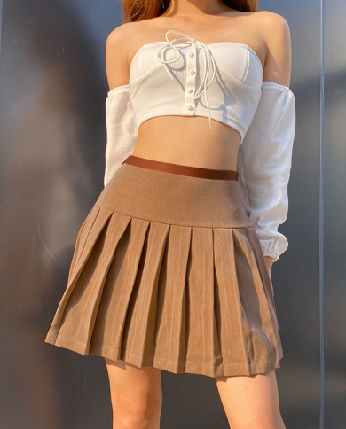 Khaki Preppy Style Pleated Skirts Womens High Waisted Mini Short