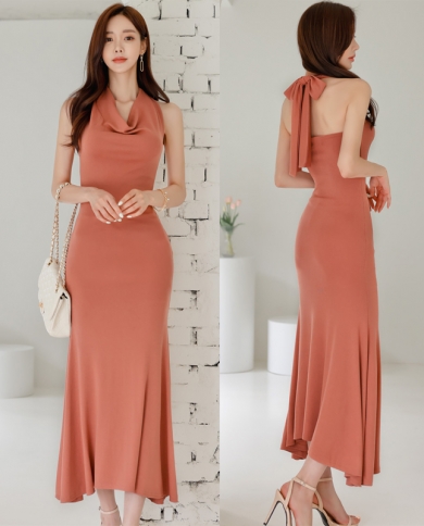 Elegant Womens Halter Long Dress Summer Backless Slim Lace Up Package Hip  Fishtail Dress Vestidosdresses size XL Color Orange Red