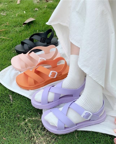 Women Flat Jelly Sandals Flat Sandals Gladiator Buckle Strap