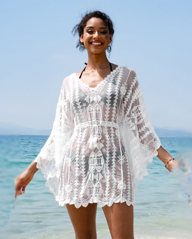 2023 See Through Mini Dress White Lace Tunic Beach Style Women