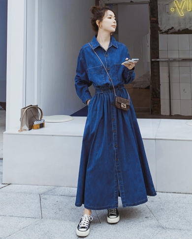 Long Sleeve Denim Dress Women Spring Summer Fashion Style Maxi