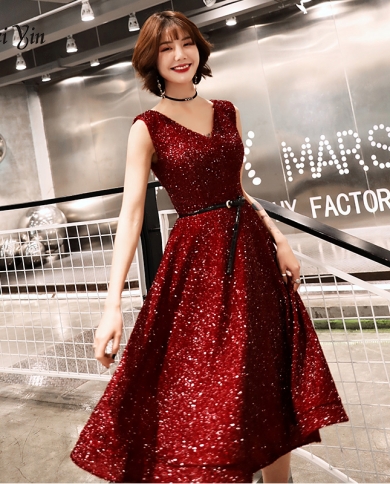 Wei Yin V Neck Evening Dresses Tea Length Elegant Formal Dress