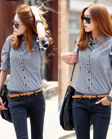 Women Plaid Shirts Spring Long Sleeve Blouses Shirt Office Lady Cotton Lace  Up Shirt Tunic Casual Tops Size Blusastshi size L