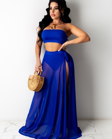 High Waist Slit Beach Skirts Summer See Through Lace Up Maxi Aline Skirt  Womens Bikini Coverups Solid Color Chiffon Ski size One size Color White