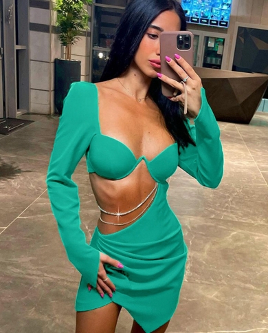 Long Sleeve Tight Dress Women Hollow Out Elegant Party Prom Gown Dresses  Woman Midnight Clubwear Dress Autumn Robe Vest size S Color Green