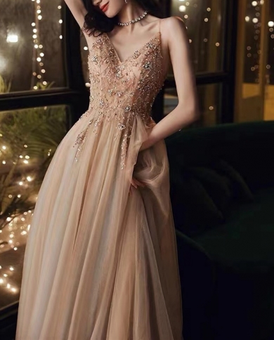 Champagne Evening Dresses Straps Long Deep V Neck A Line Sleeveless Beading  Sequins Formal Party Prom Gowns Robes De So Color Photo Color US Size 2