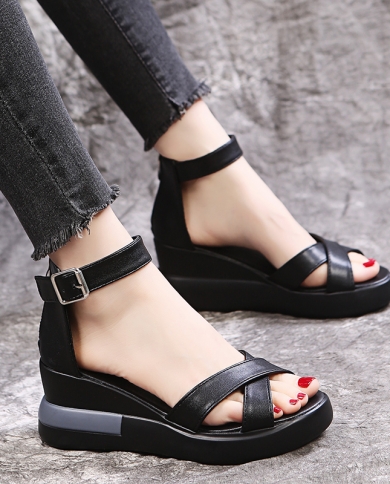 Summer Wedge Shoes For Women Sandals Solid Color Open Toe High Heels Casual Ladies Buckle Strap Fashion Female Sandalias Color Black Shoe Size 40