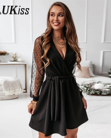 Spring Lace Long Sleeve Mini Dress Women Casual 2023 Fashion Black