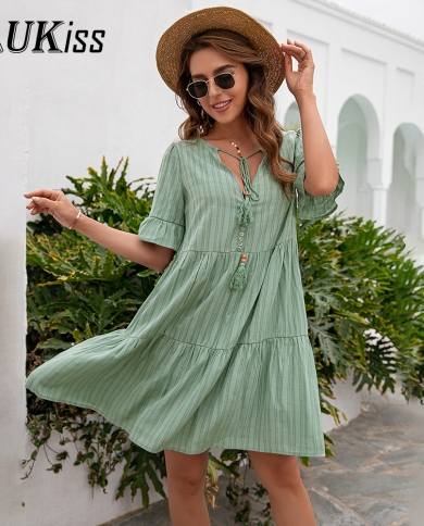 Fashion Women Short Sleeve Loose Midi Dress Summer V Neck Beach Pink Green  Dresses For Women Casual Elegant Lady Clothi size L Color Apricot