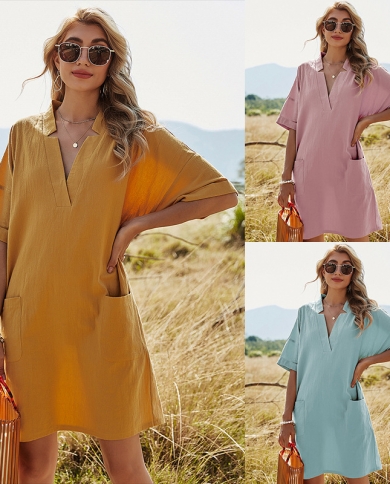 Summer solid color casual deals loose pockets mini dress