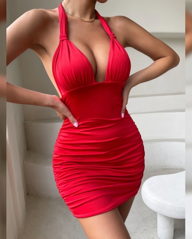 open lace back dress Sexy Red Halter Lace Tight with Sleeves Mini Homecoming Party Dress –  Modsele main image 0