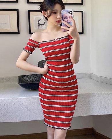 Ruffle Off Shoulder Stripe Tight Knitted Dress Women Fashion Slash Neck Short Sleeve Elastic Wrap Hips Summer Party Dre size One size Color Yellow