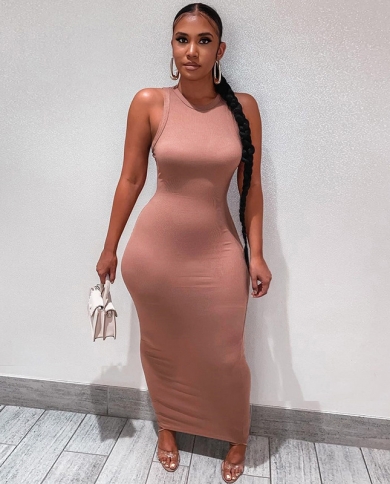 Summer Sleeveless Wrap Hip Party White Dresses For Women 2023 Casual O Neck Elastic Bodycon Dress Fashion Brown Black Ma size M Color Black