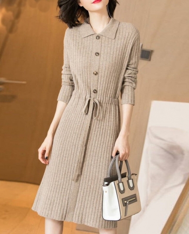 sachin and babi light blue dress Women Knitted Casual Dresses Fall Winter Turn Down Collar Buttons Lace Up  Midi Dress Elegant Female Long Sleeve Sweater size XXL Color Navy blue main image 1