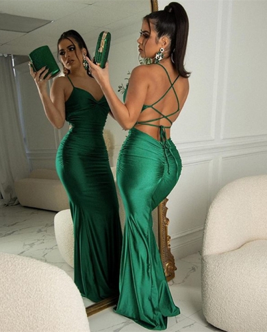 Summer Backless Green Long Maxi Dress Women Spaghetti Strap Folds Party Red  Black Dress Satin Prom Bandage Bodycon Vest size M Color Black