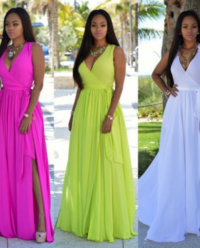 Summer Tunic Maxi Chiffon Dress Sleeveless High Split Woman Beach Dresses Elegant Long Party Ladies White Casual Sundres size XL Color White