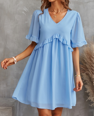2023 Summer Solid Chiffon Dress Womens Fashion V Neck Short Sleeve Ruffles  Loose Mini Dresses Casual Streetwear A Line size XL Color Black