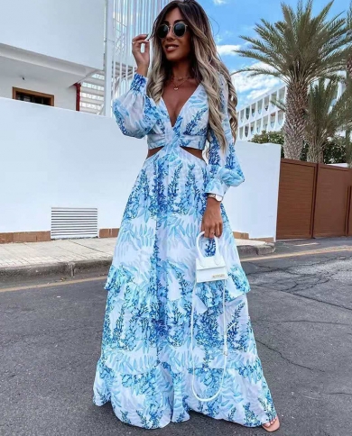 Women Boho Maxi Dress Summer V Neck Hollow Out Lantern Sleeve Club Party Dresses Backless Beach Cover Up Female Robe Dr size 3xl Color Yellow