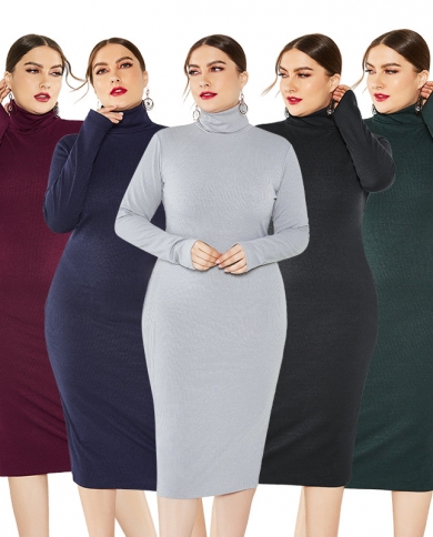 Knitted Turtleneck Sweater Bodycon Dress Autumn Winter Casual Fit Elegant Womens Dresses Plus Size 5xl Pencil 5 Colors size XXL Color FP8006 Dark Blue