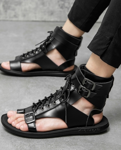 Summer New Men Gladiators Lace Up Buckle Leather Casual Shoes