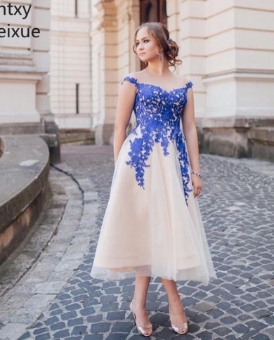 Tea Length Plus Size Prom Dresses 2023 Royal Blue Appliques