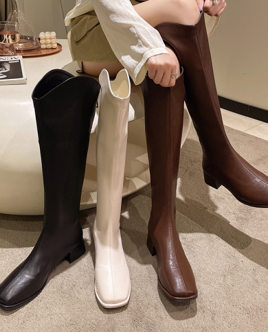 Winter New Women Long Boot Fashion Low Heels Square Toe Knee High