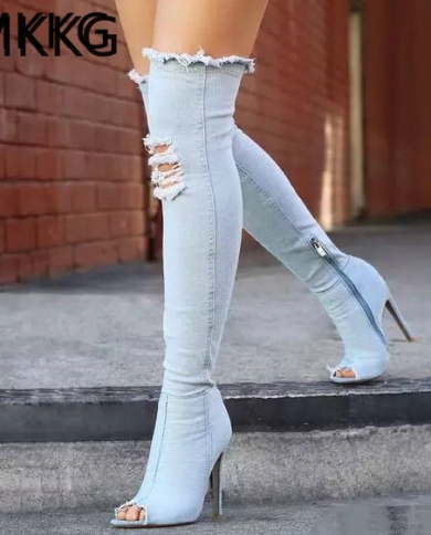 Hot Women Boots Peep Toe Over Knee High Boots Good Quality Denim Fashion Boots 10cm High Heels Plus Size 41overtheknee Color Dark Blue Shoe Size 40