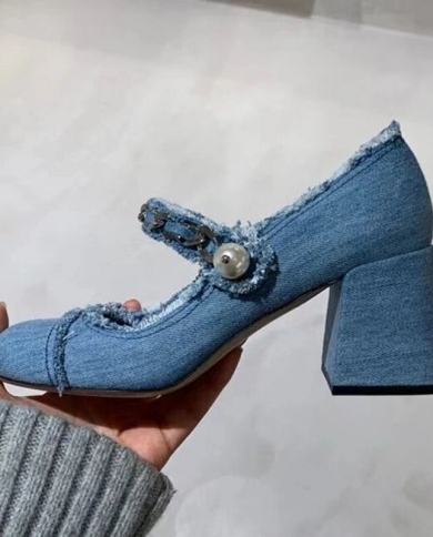 2023 Retro Denim Shoes Ladies Chunky High Heels Mary Jean Cloth Band Pearl Chain Pumps Woman Patchwork Office Dress Bomb Shoe Size 6 Color 5cm Heels