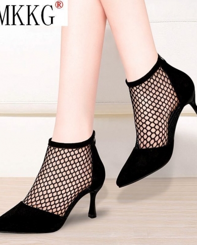 Black Summer Boots Fishnet Ankle Boots High Heels Flock Pointed Toe Cool Sandals Boots Thin Heels Women Casual Shoes Shoe Size 36 Color 7cm heel