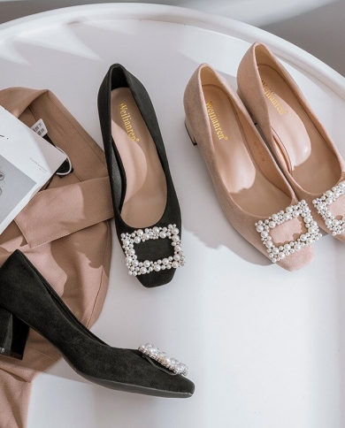 Luxury Pearl Shoes Woman Brand Pumps Flock High Heel Ladies Shallow Square Toe Chaussures Femme Wedding Shoes Women Brid Color Black Shoe Size 10