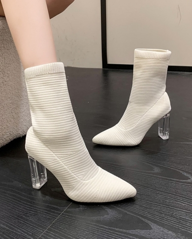 Ankle Chunky High Heels Sock Chelsea Boots 2023 Women Winter Shoes