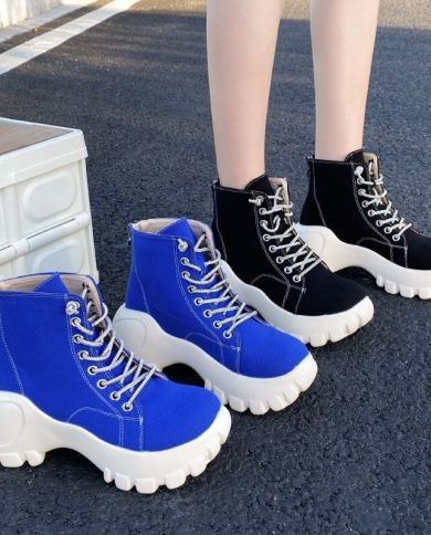 Fashion Short Boots Women New High Quality Canvas Lace Up Comfortable Platform Boots Everyday Casual Boots Zapatos De M Color Blue Shoe Size 38