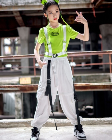 Kpop Girls Clothes Green Tops White Cargo Pants Hip Hop Dance Costume Kids  Concert Jazz Performance Outfit Rave Wear Bl8 size 170cm Color Tops