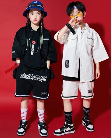Fashion Kids Clothing Hip Hop Dance Costume Loose Tops Shorts Summer Casual Street Wear Boys Drum Show Girls Rave Clothe size 170cm Color White 2pcs
