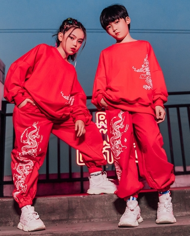 Hip Hop Dance Costumes Kids Long Sleeve Outfit Girls Red Tops