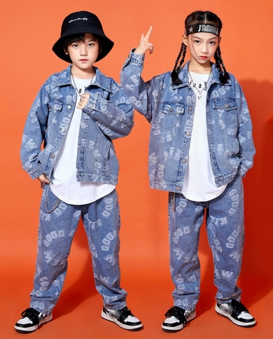 Children Denim Hip Hop Clothes Girls Boys Street Dance Costume