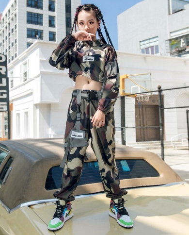 Kids Hip Hop Dance Costume Girls Camouflage Tops Pants Autumn Long