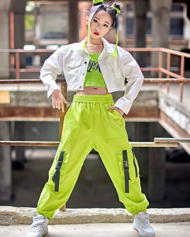 Fashion Kids Clothes Girls Hip Hip Dance Costume Short Jacket Green Cargo  Pants Street Dance Jazz Performance Outfit Kpo size 170cm Color  Vest-Coat-Pants