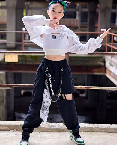 Girls Hip Hop Dance Clothes White Crop Tops Black Hip Hop Pants Modern Jazz  Fashion Wear Street Dance Kpop Costume Kids size 170cm Color 3pcs